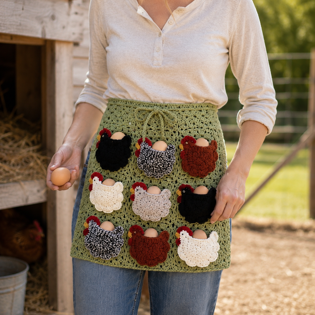 Crochet Chicken Egg Gathering Apron with 9 Hen Pockets