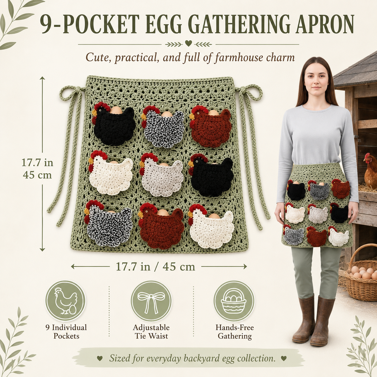 Crochet Chicken Egg Gathering Apron with 9 Hen Pockets