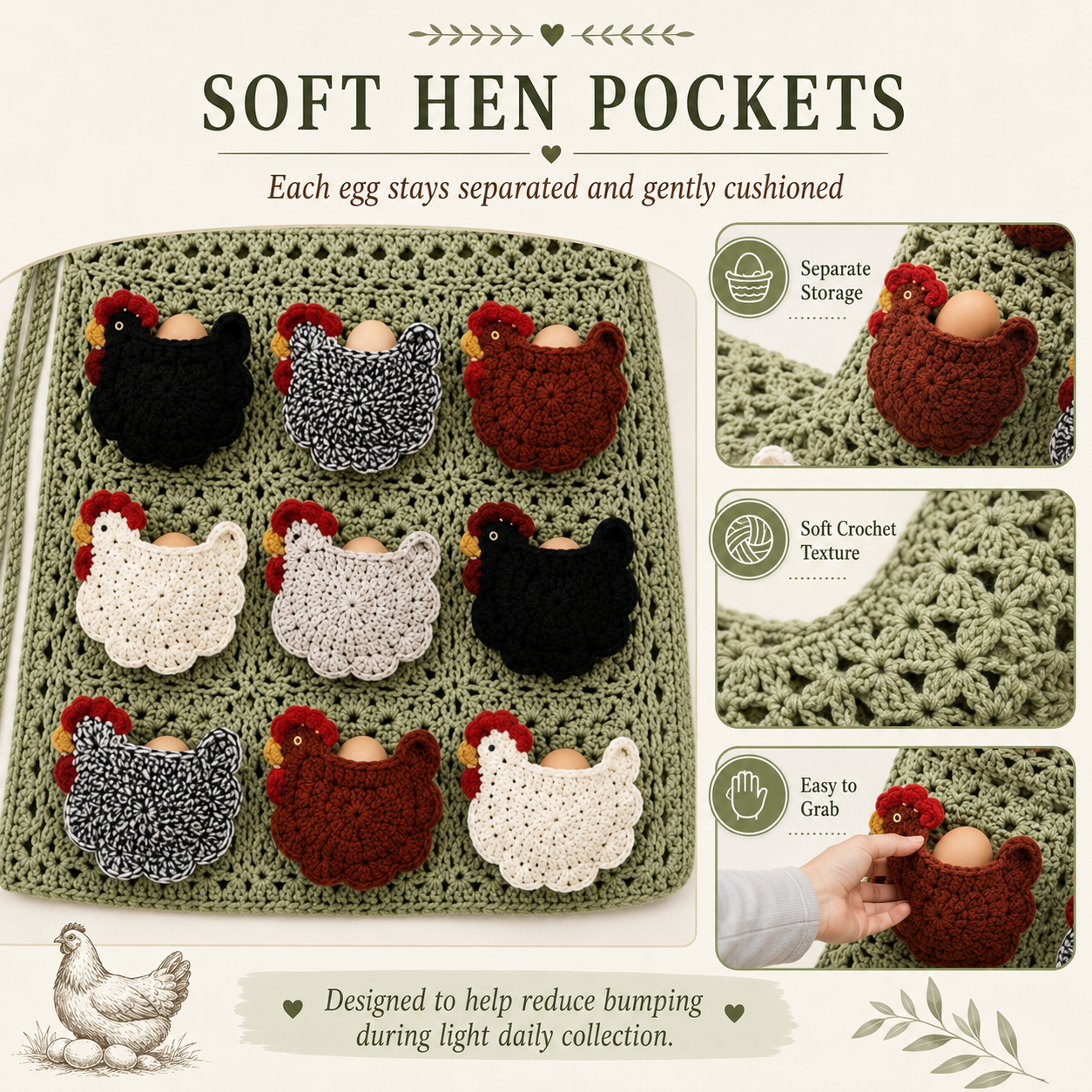 Crochet Chicken Egg Gathering Apron with 9 Hen Pockets