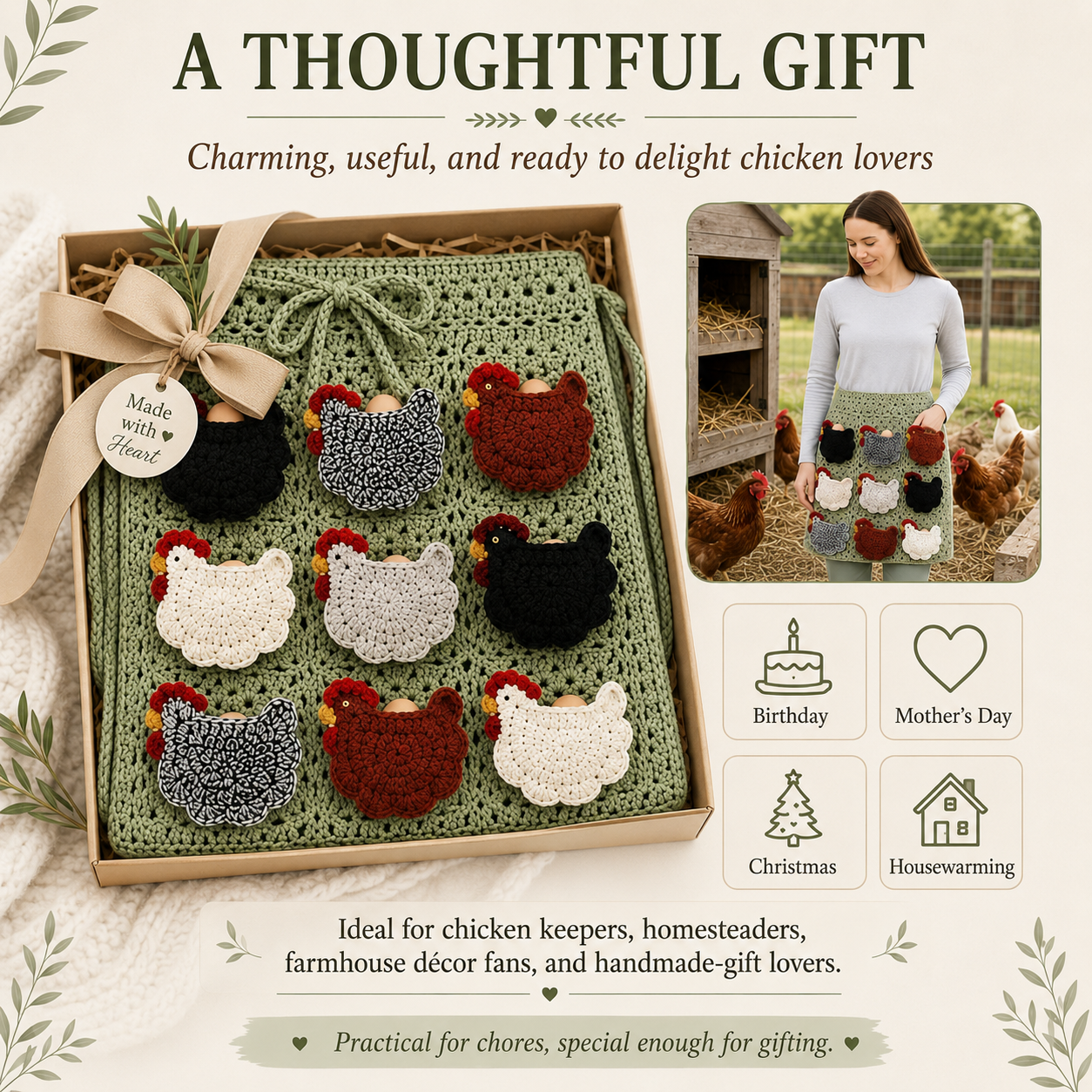 Crochet Chicken Egg Gathering Apron with 9 Hen Pockets