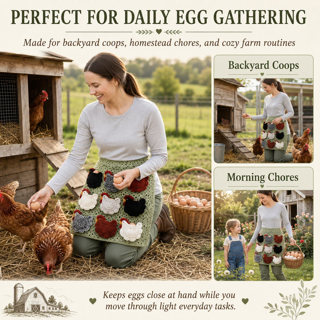 Crochet Chicken Egg Gathering Apron with 9 Hen Pockets