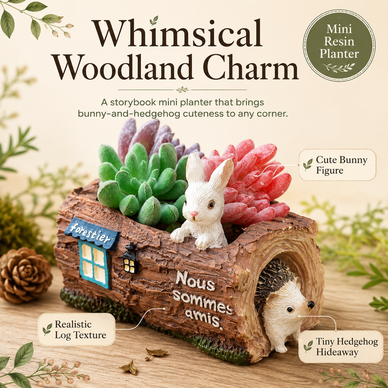 Woodland Bunny & Hedgehog Mini Succulent Planter – Resin Log Flower Pot with Drainage Holes