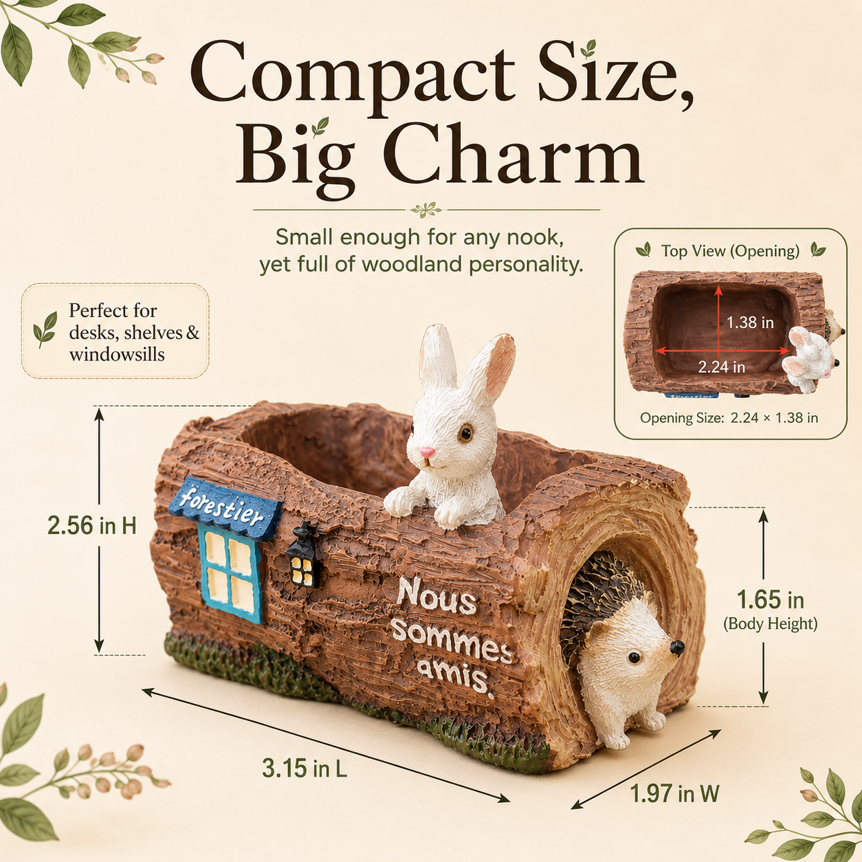 Woodland Bunny & Hedgehog Mini Succulent Planter – Resin Log Flower Pot with Drainage Holes