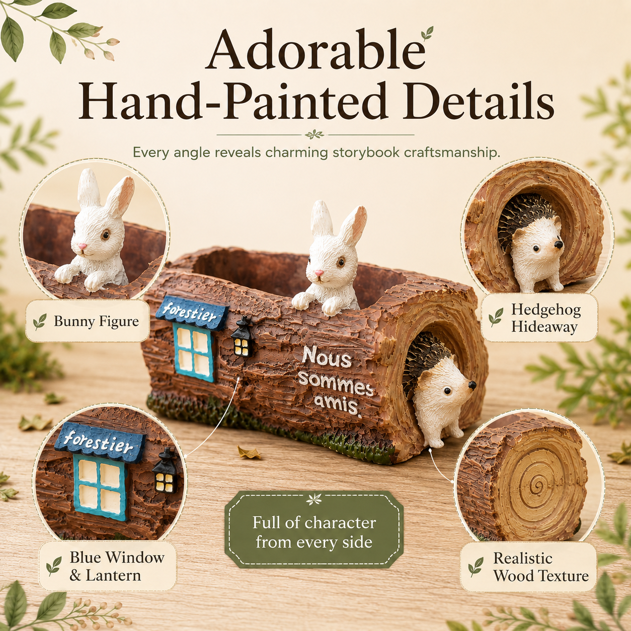 Woodland Bunny & Hedgehog Mini Succulent Planter – Resin Log Flower Pot with Drainage Holes
