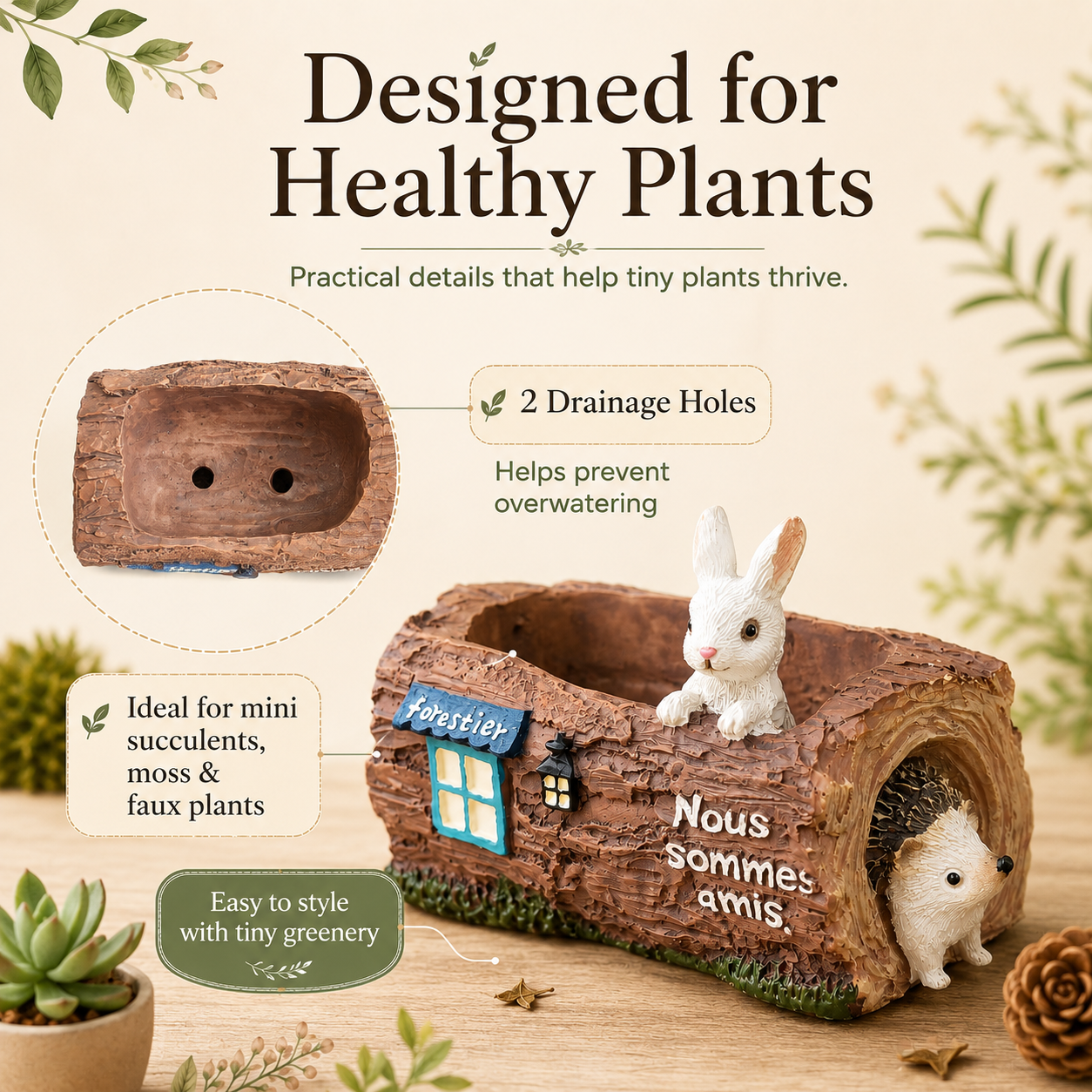 Woodland Bunny & Hedgehog Mini Succulent Planter – Resin Log Flower Pot with Drainage Holes