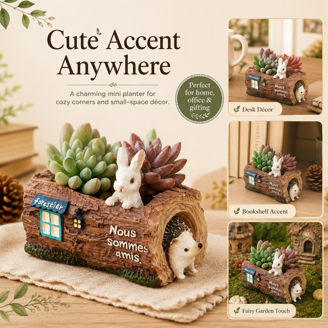 Woodland Bunny & Hedgehog Mini Succulent Planter – Resin Log Flower Pot with Drainage Holes