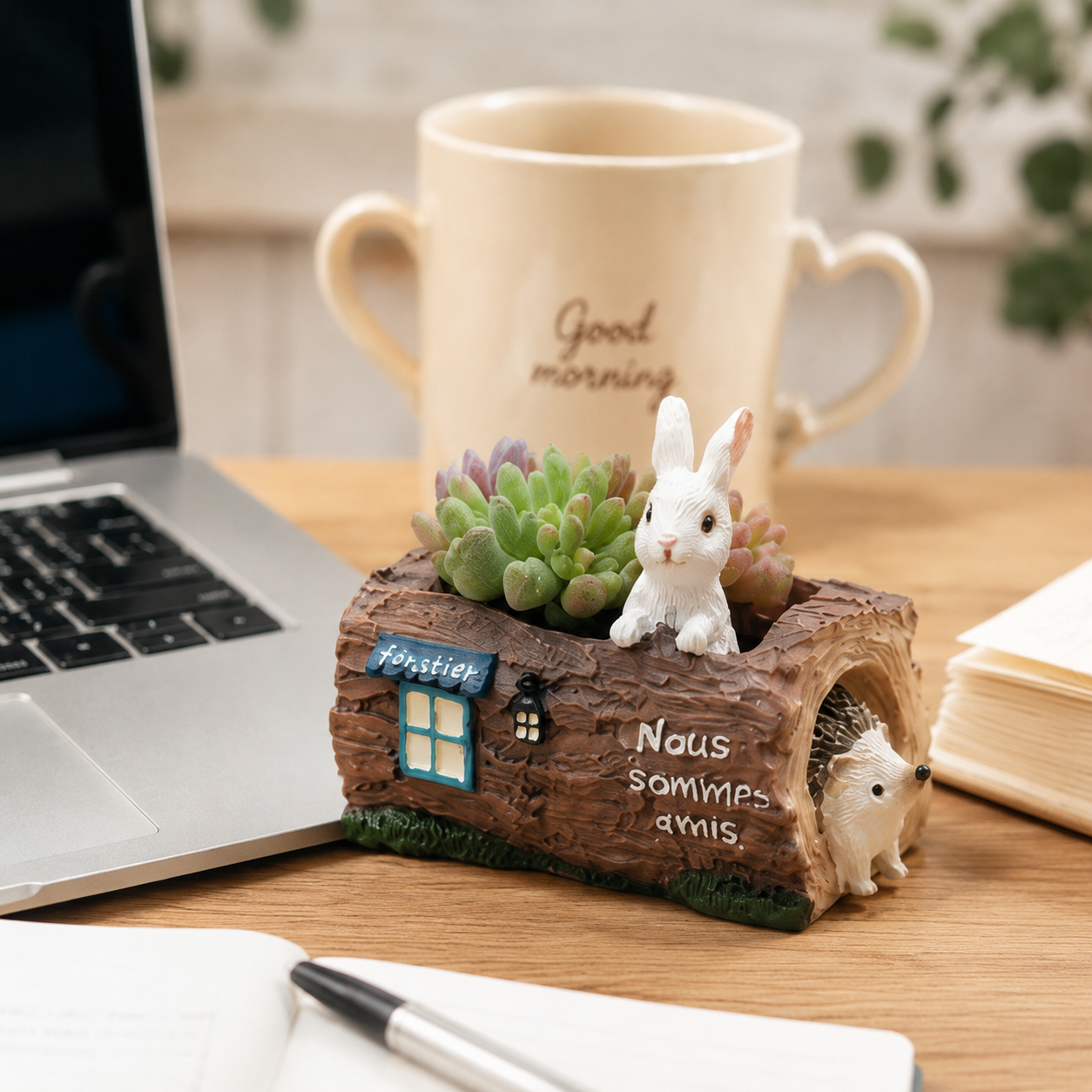 Woodland Bunny & Hedgehog Mini Succulent Planter – Resin Log Flower Pot with Drainage Holes