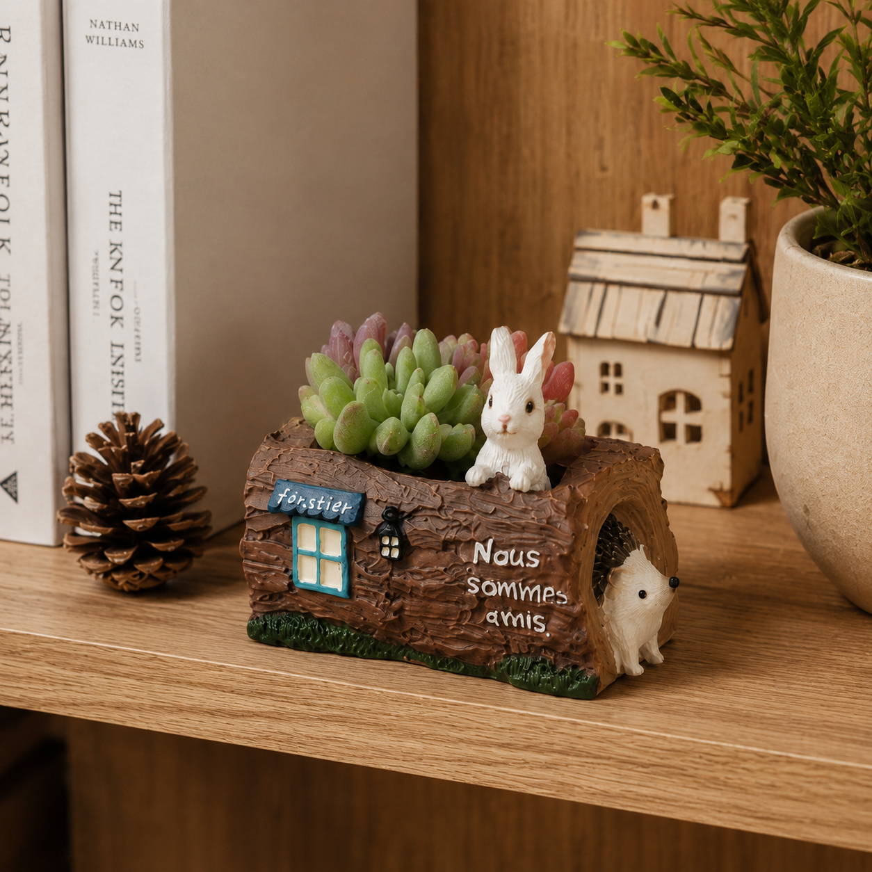 Woodland Bunny & Hedgehog Mini Succulent Planter – Resin Log Flower Pot with Drainage Holes