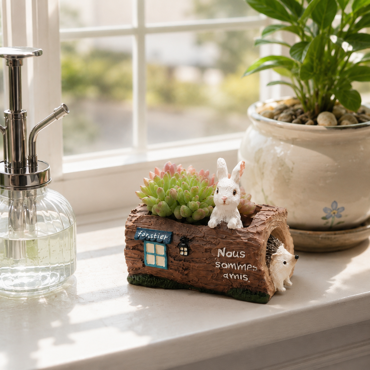 Woodland Bunny & Hedgehog Mini Succulent Planter – Resin Log Flower Pot with Drainage Holes