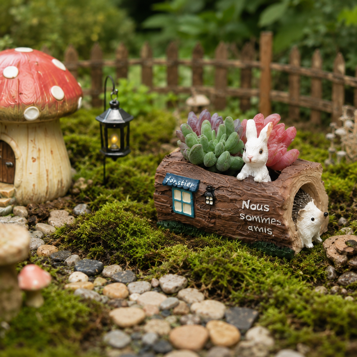 Woodland Bunny & Hedgehog Mini Succulent Planter – Resin Log Flower Pot with Drainage Holes
