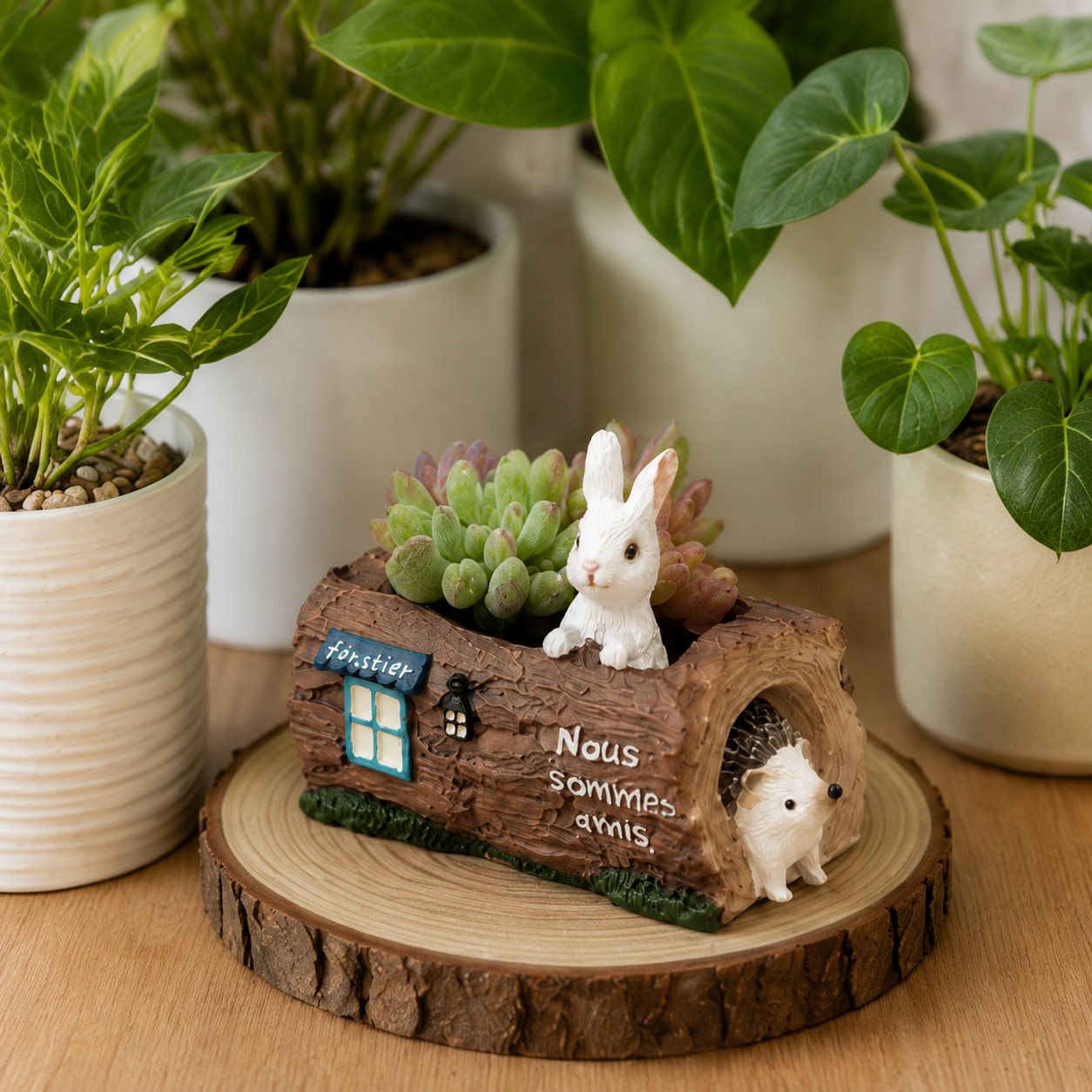 Woodland Bunny & Hedgehog Mini Succulent Planter – Resin Log Flower Pot with Drainage Holes
