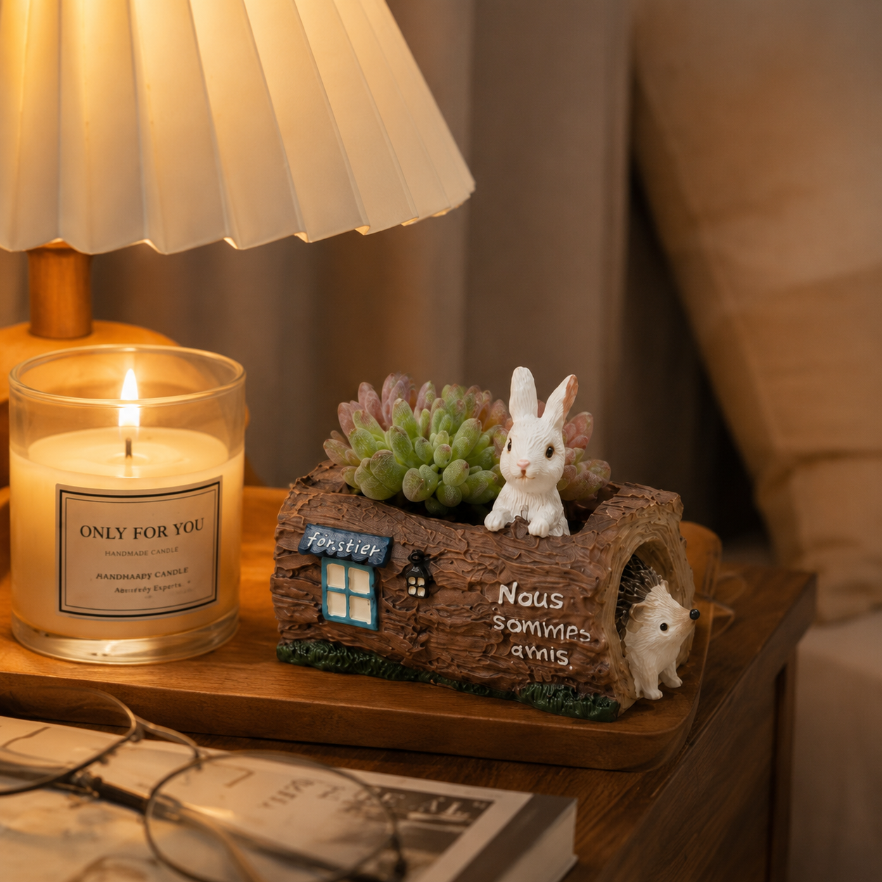 Woodland Bunny & Hedgehog Mini Succulent Planter – Resin Log Flower Pot with Drainage Holes