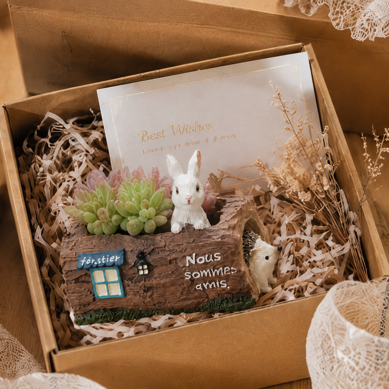 Woodland Bunny & Hedgehog Mini Succulent Planter – Resin Log Flower Pot with Drainage Holes