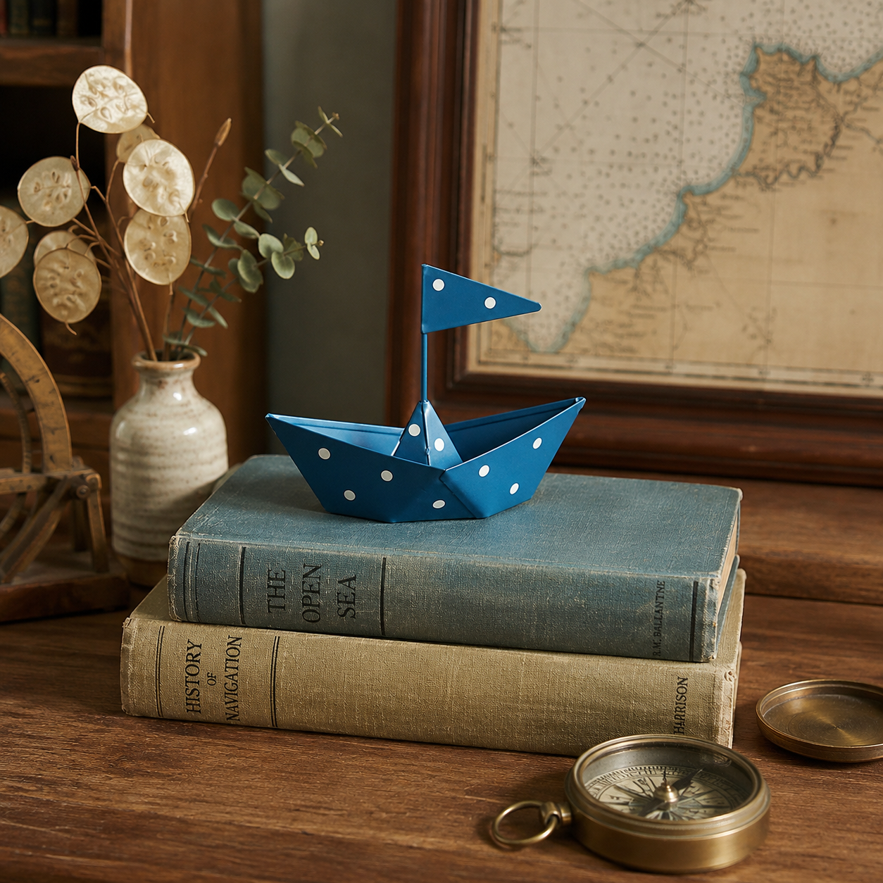 Whimsical Metal Sailboat Tabletop Decor – Nautical Iron Boat Ornament with Polka Dot Design
