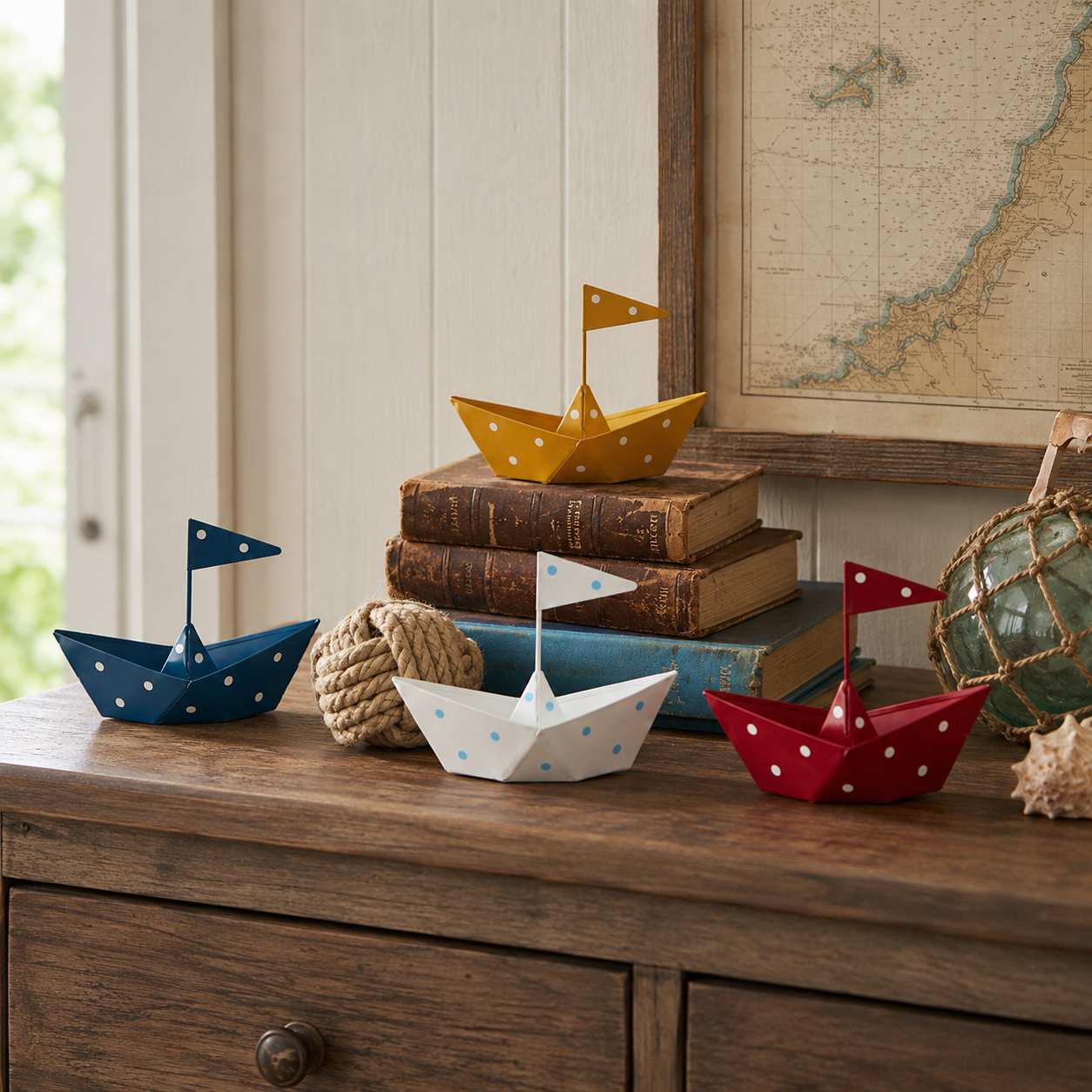 Whimsical Metal Sailboat Tabletop Decor – Nautical Iron Boat Ornament with Polka Dot Design