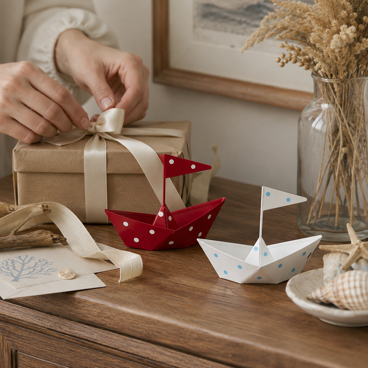 Whimsical Metal Sailboat Tabletop Decor – Nautical Iron Boat Ornament with Polka Dot Design