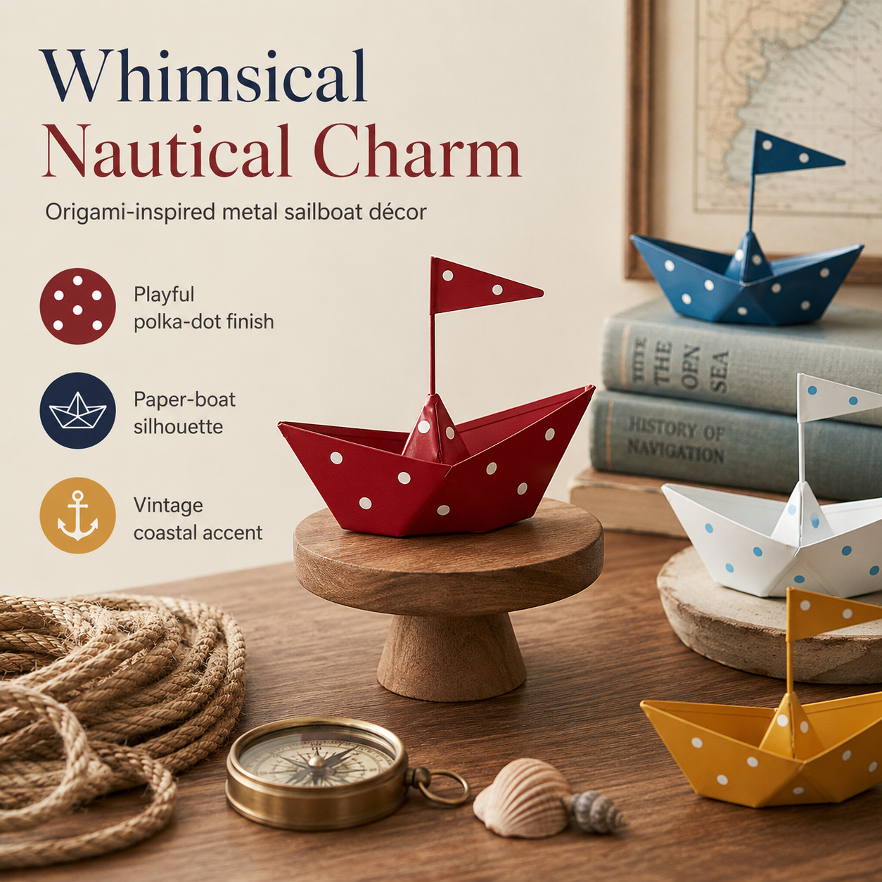 Whimsical Metal Sailboat Tabletop Decor – Nautical Iron Boat Ornament with Polka Dot Design