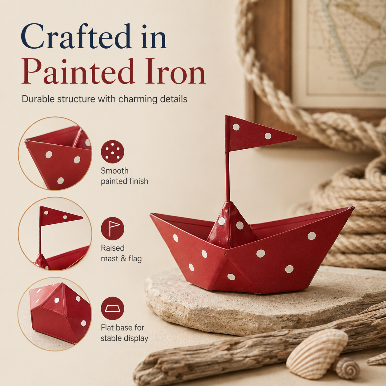 Whimsical Metal Sailboat Tabletop Decor – Nautical Iron Boat Ornament with Polka Dot Design