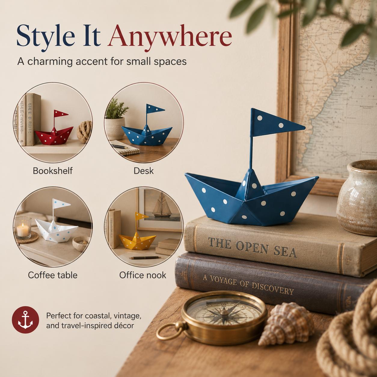 Whimsical Metal Sailboat Tabletop Decor – Nautical Iron Boat Ornament with Polka Dot Design