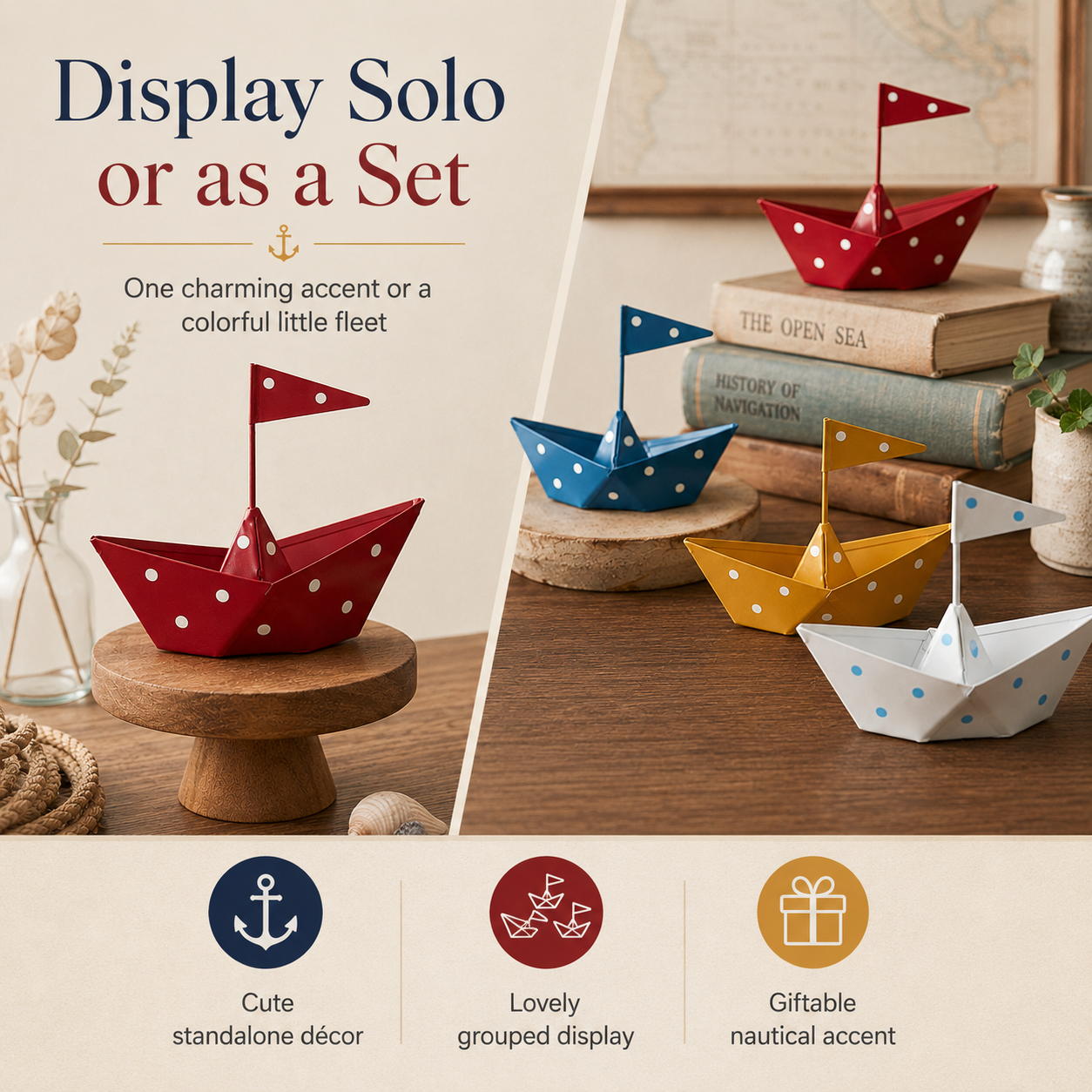 Whimsical Metal Sailboat Tabletop Decor – Nautical Iron Boat Ornament with Polka Dot Design