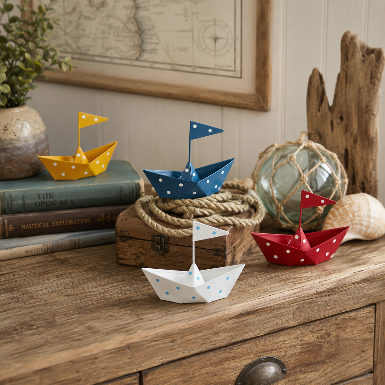 Whimsical Metal Sailboat Tabletop Decor – Nautical Iron Boat Ornament with Polka Dot Design