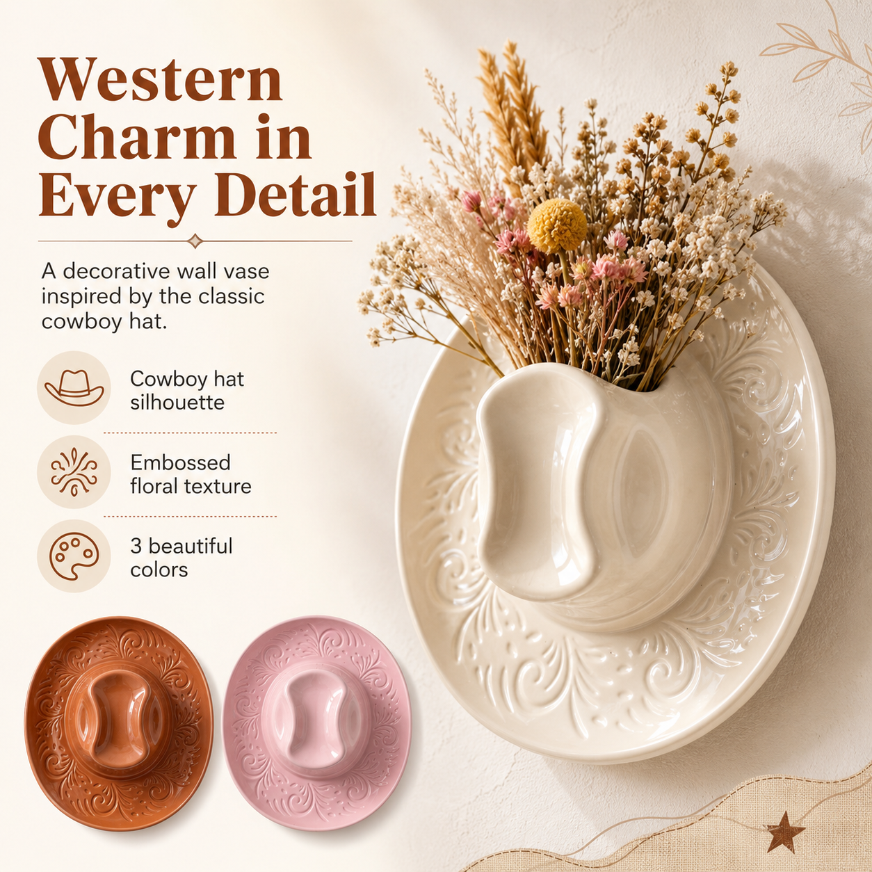 Cowboy Hat Resin Wall Vase – Western Hanging Flower Décor
