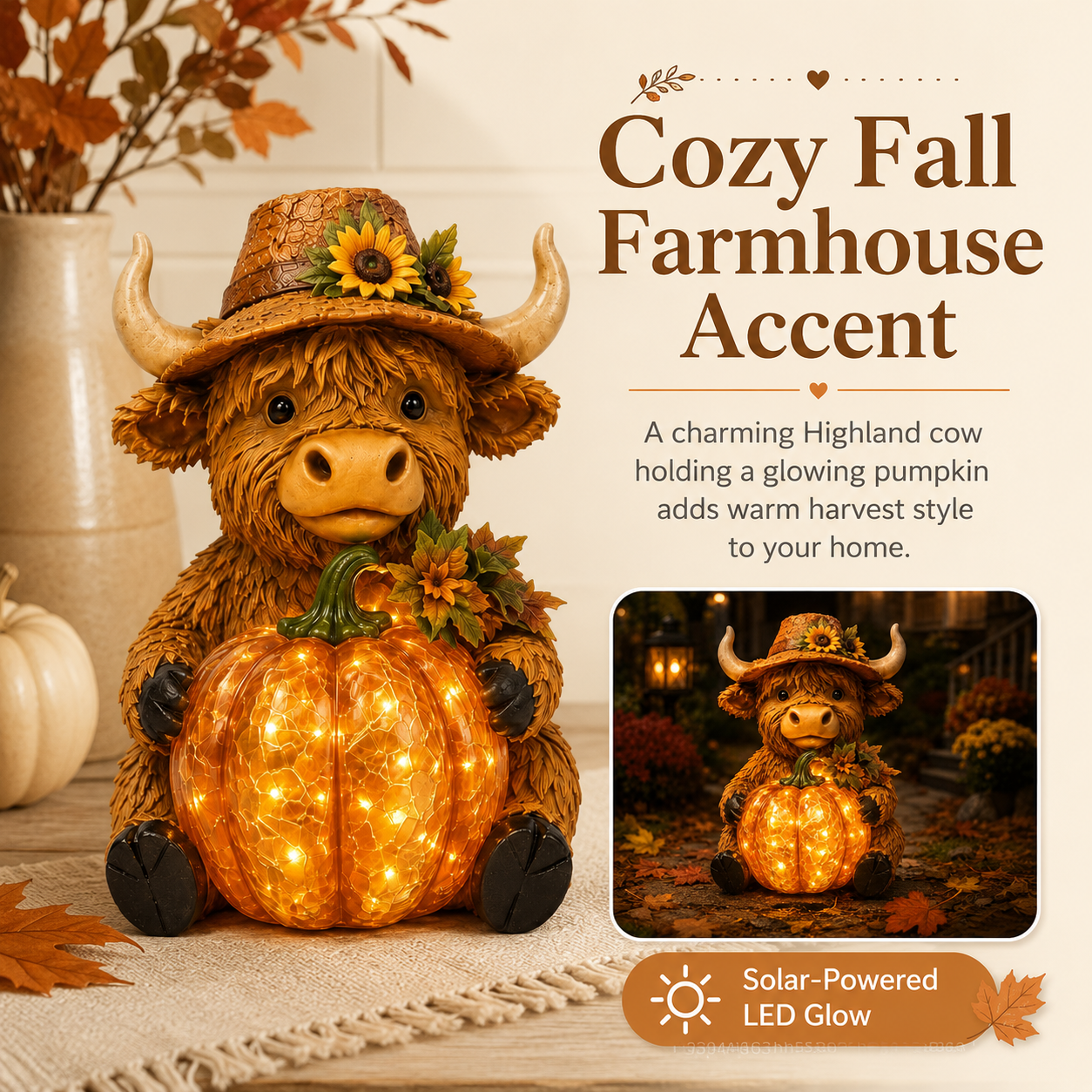 Solar Highland Cow Pumpkin Light – Fall Harvest Resin Figurine