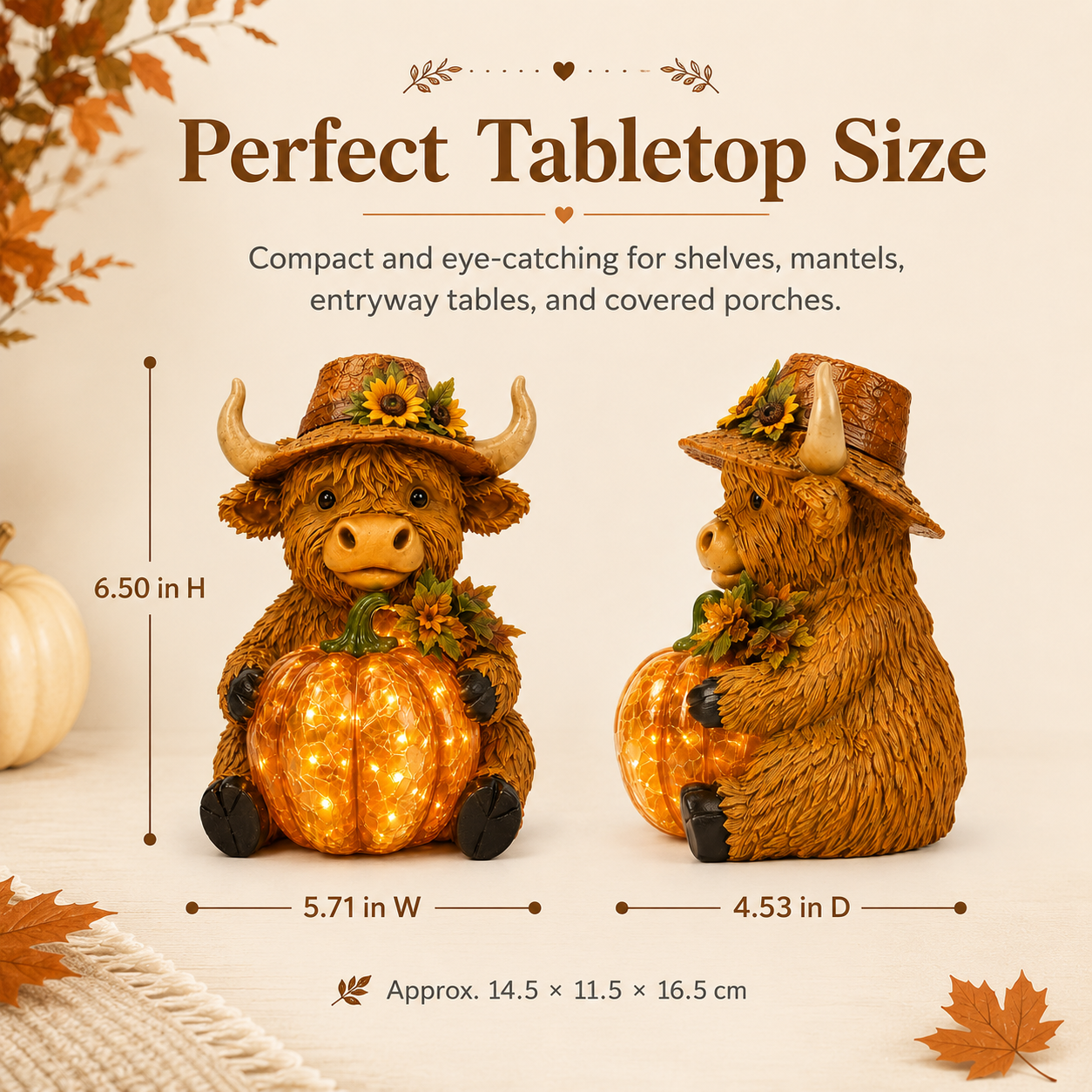 Solar Highland Cow Pumpkin Light – Fall Harvest Resin Figurine