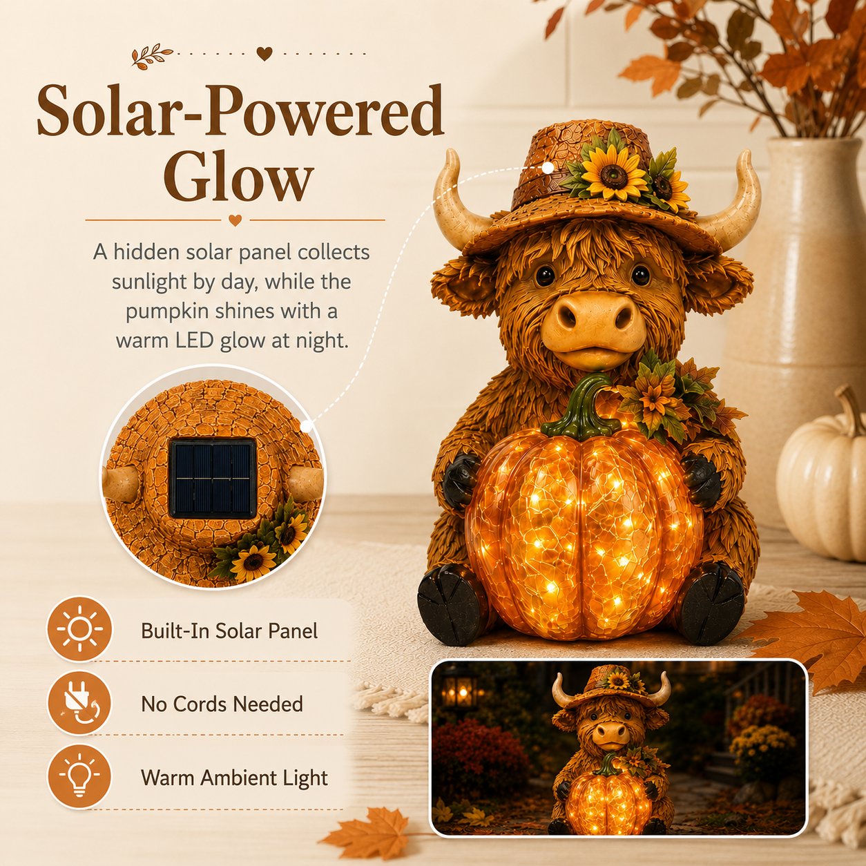 Solar Highland Cow Pumpkin Light – Fall Harvest Resin Figurine