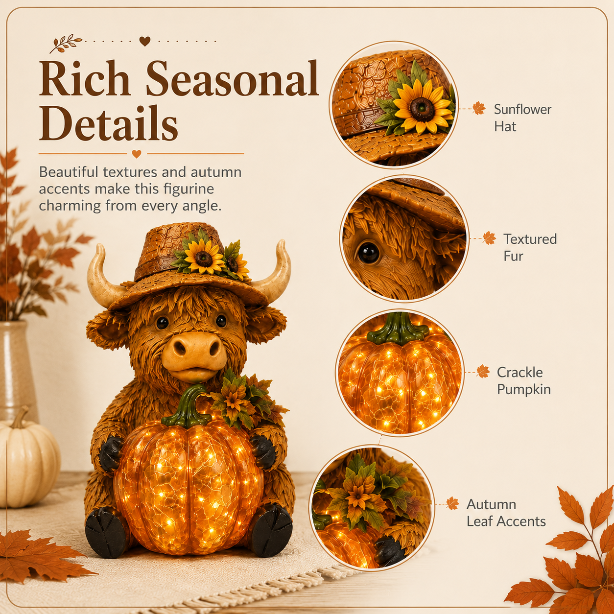 Solar Highland Cow Pumpkin Light – Fall Harvest Resin Figurine