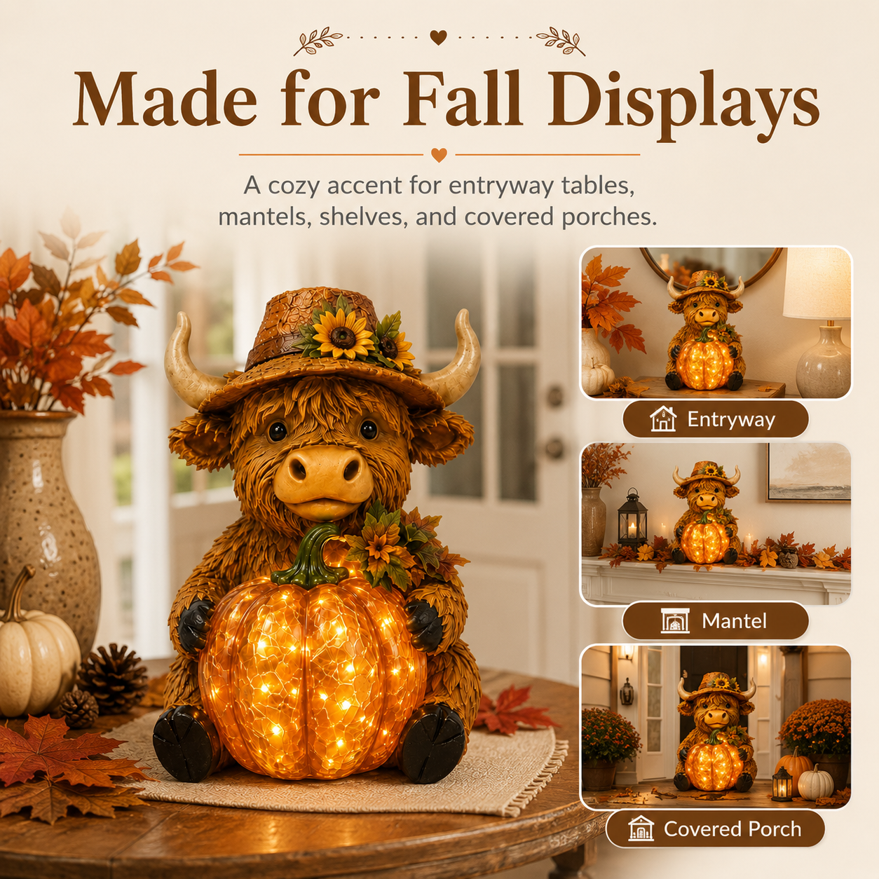Solar Highland Cow Pumpkin Light – Fall Harvest Resin Figurine