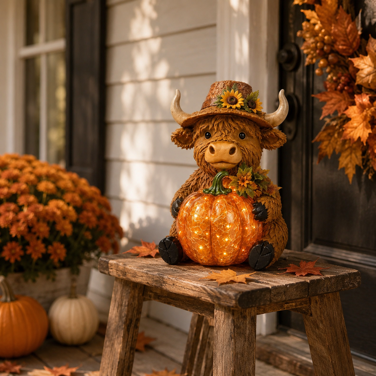 Solar Highland Cow Pumpkin Light – Fall Harvest Resin Figurine