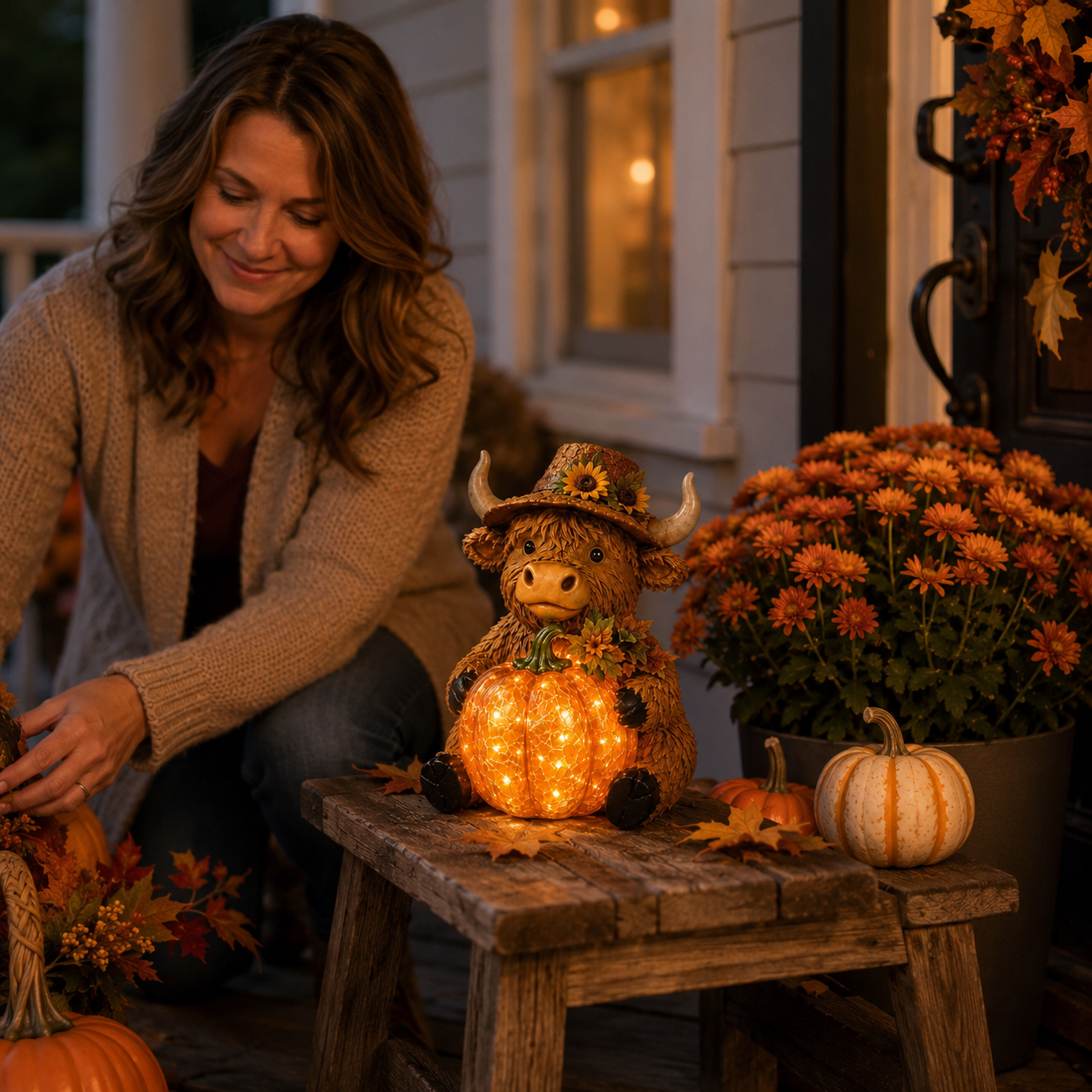 Solar Highland Cow Pumpkin Light – Fall Harvest Resin Figurine