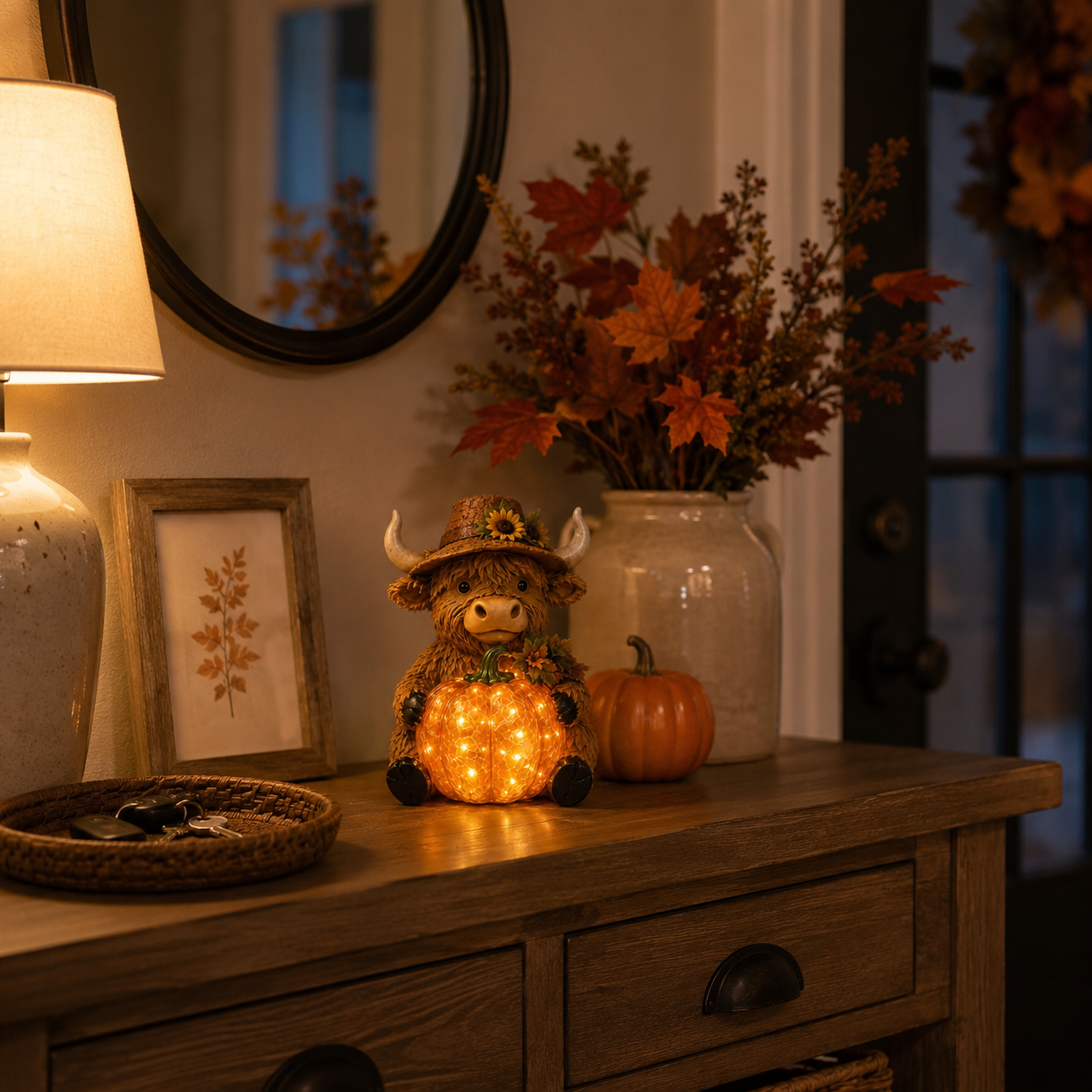 Solar Highland Cow Pumpkin Light – Fall Harvest Resin Figurine