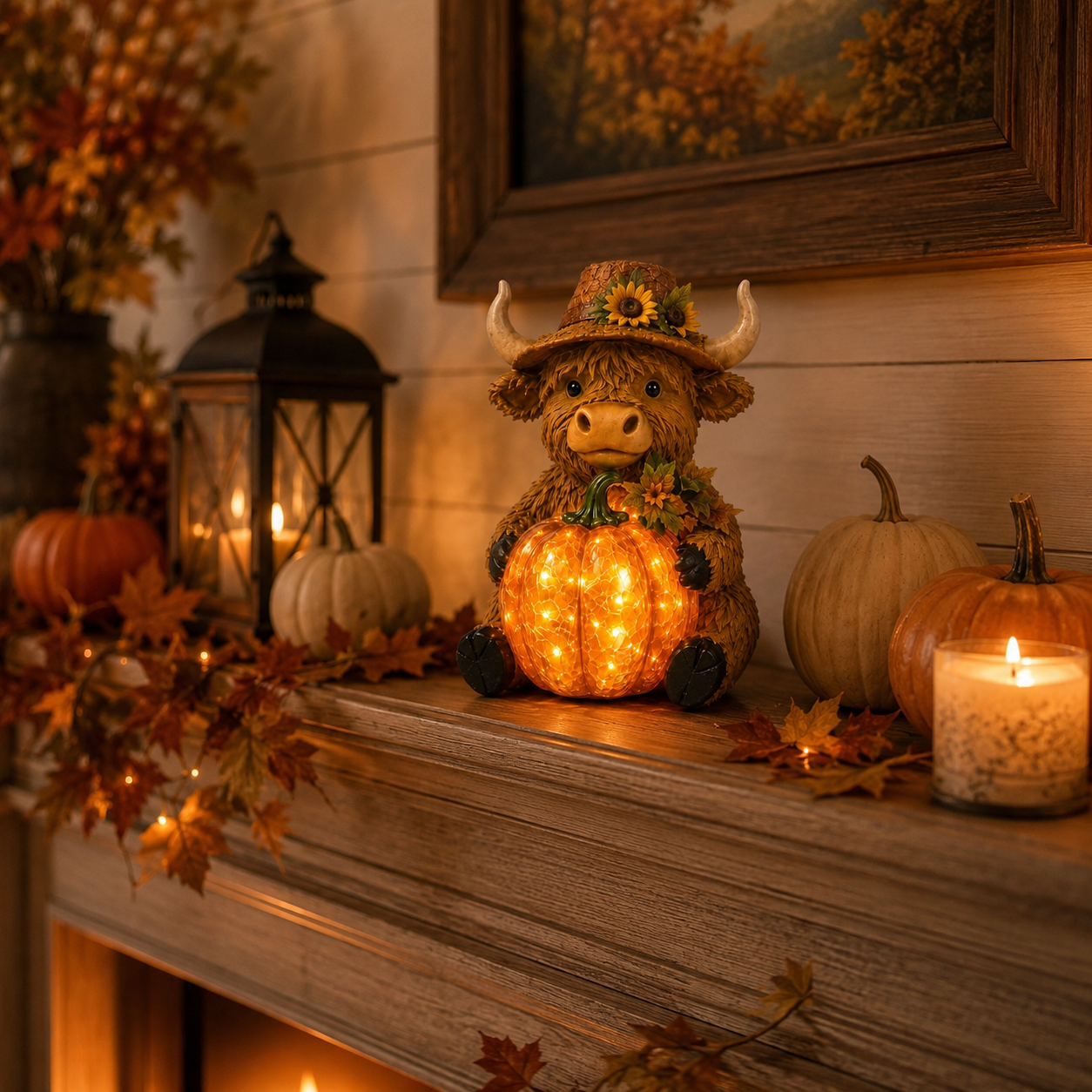 Solar Highland Cow Pumpkin Light – Fall Harvest Resin Figurine