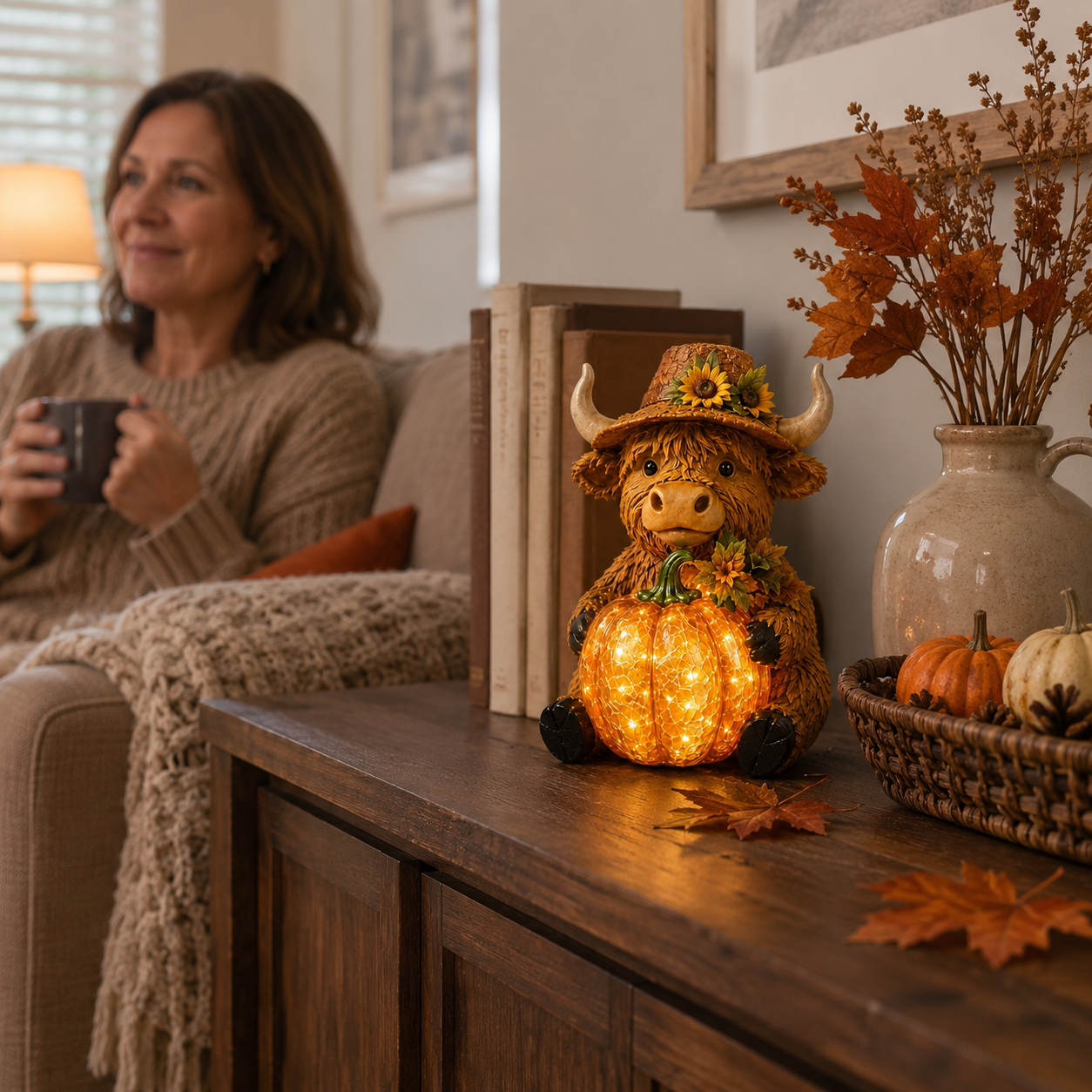 Solar Highland Cow Pumpkin Light – Fall Harvest Resin Figurine