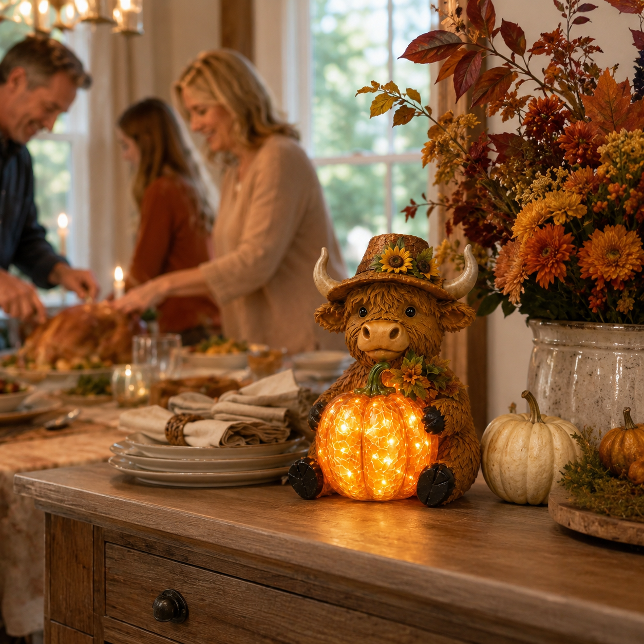 Solar Highland Cow Pumpkin Light – Fall Harvest Resin Figurine