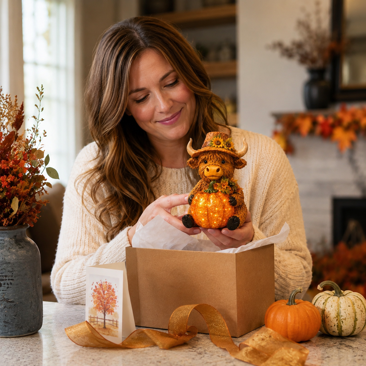 Solar Highland Cow Pumpkin Light – Fall Harvest Resin Figurine