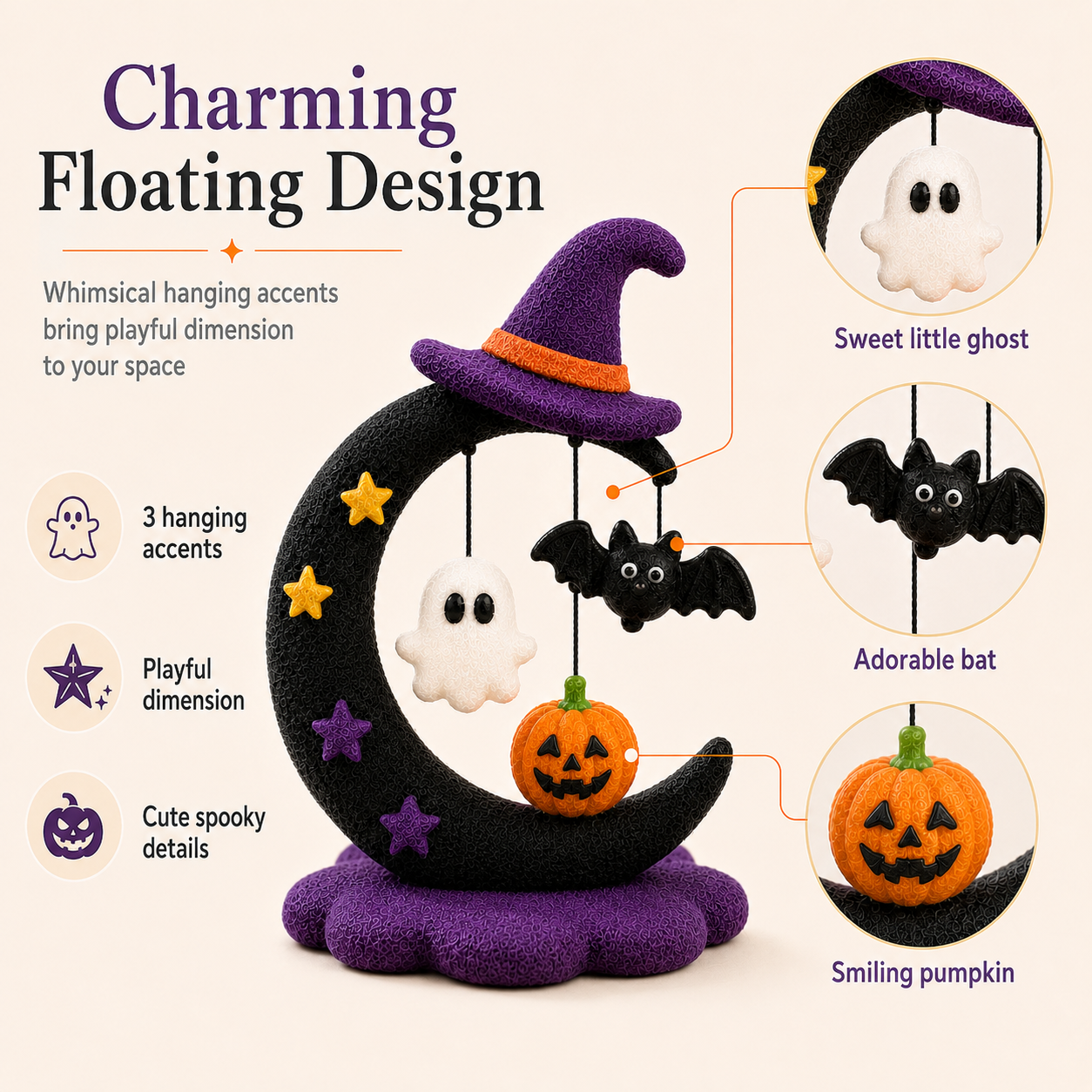 Halloween Crescent Moon Tabletop Figurine – Ghost, Bat & Pumpkin Hanging Decoration