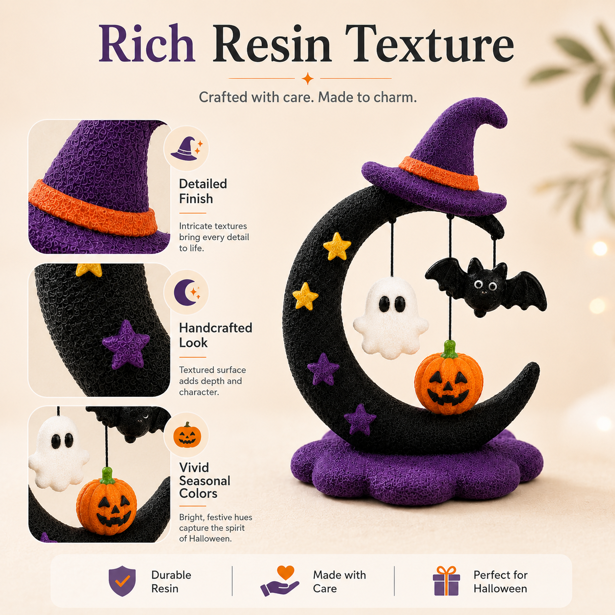 Halloween Crescent Moon Tabletop Figurine – Ghost, Bat & Pumpkin Hanging Decoration