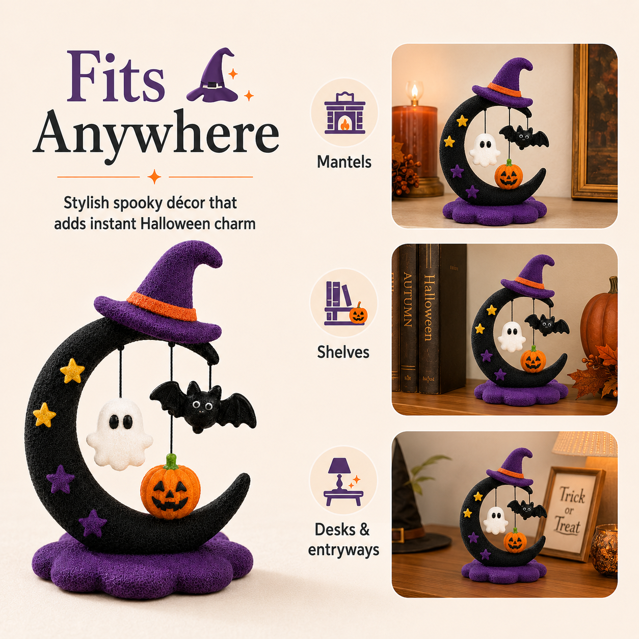 Halloween Crescent Moon Tabletop Figurine – Ghost, Bat & Pumpkin Hanging Decoration