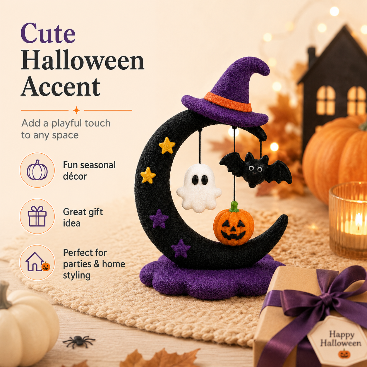 Halloween Crescent Moon Tabletop Figurine – Ghost, Bat & Pumpkin Hanging Decoration