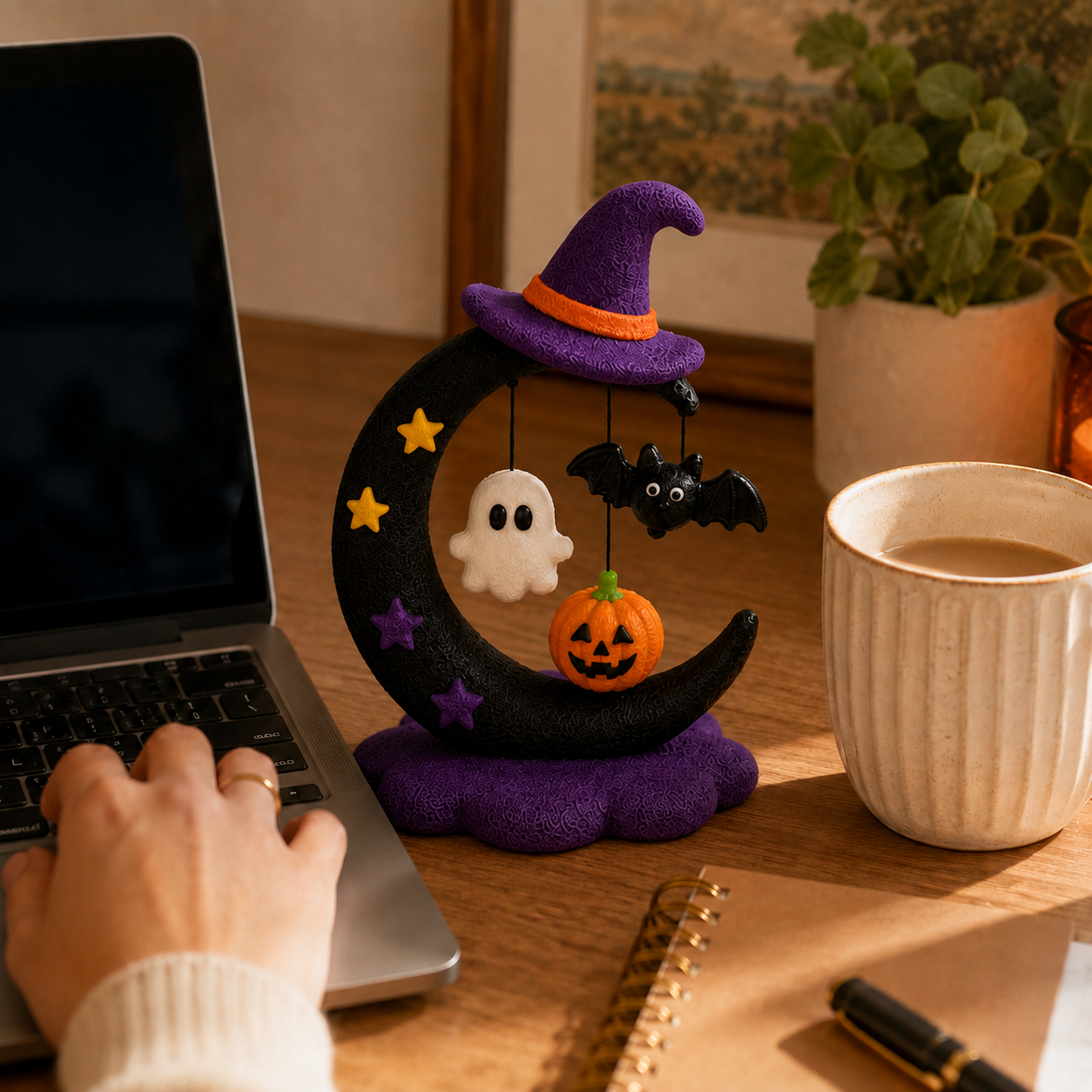 Halloween Crescent Moon Tabletop Figurine – Ghost, Bat & Pumpkin Hanging Decoration