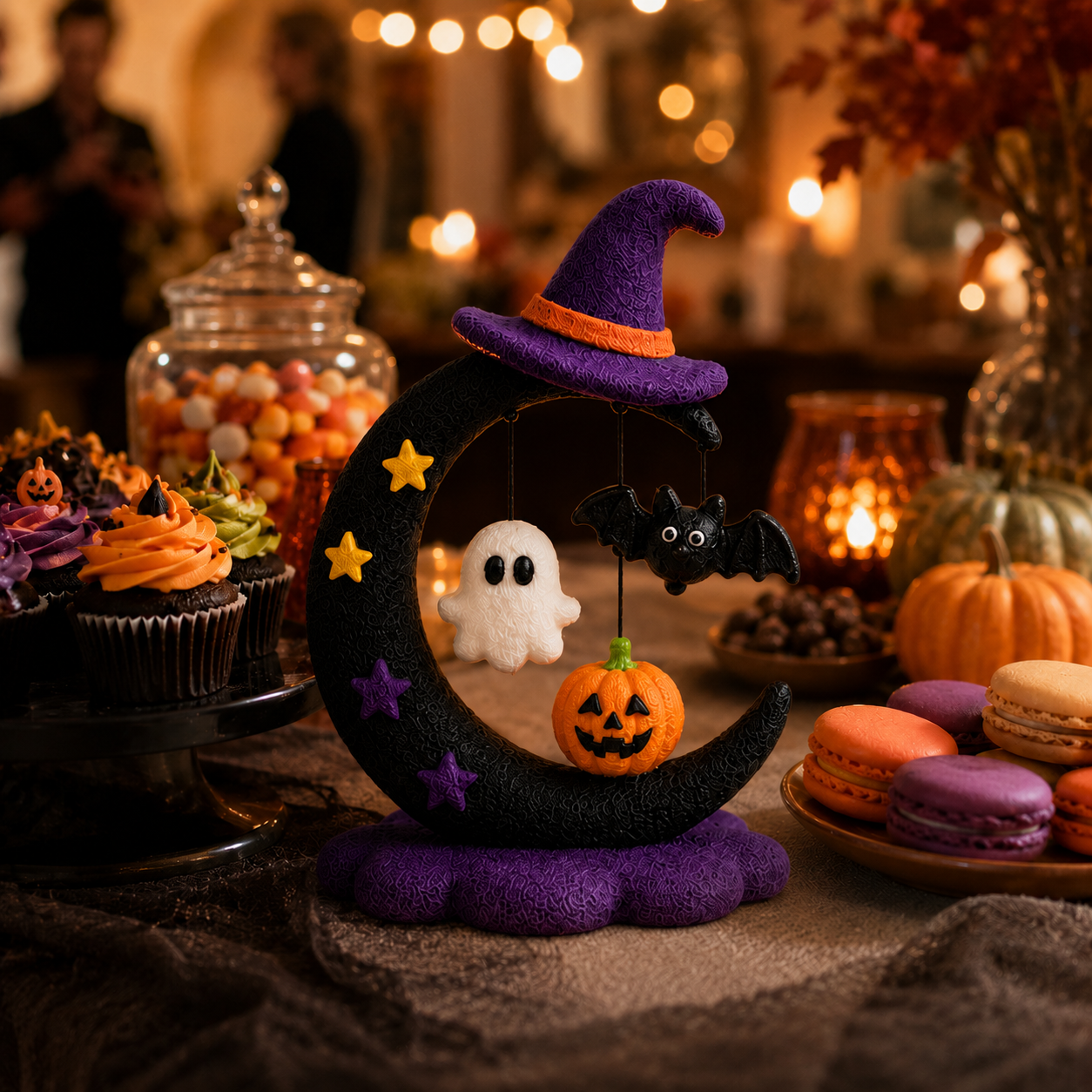 Halloween Crescent Moon Tabletop Figurine – Ghost, Bat & Pumpkin Hanging Decoration