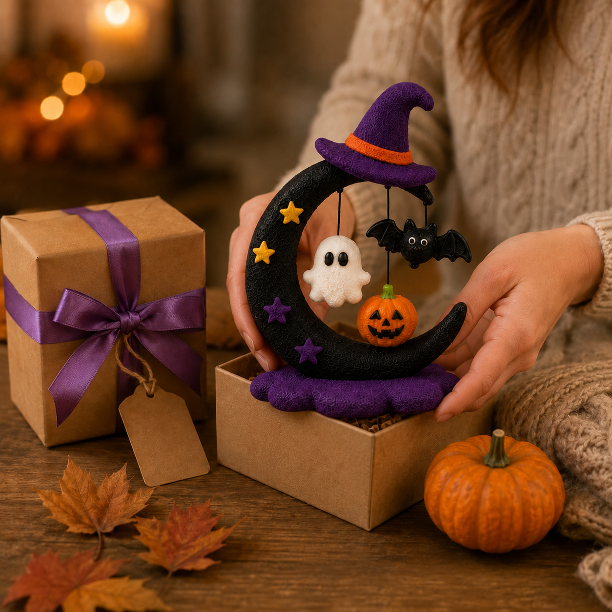 Halloween Crescent Moon Tabletop Figurine – Ghost, Bat & Pumpkin Hanging Decoration
