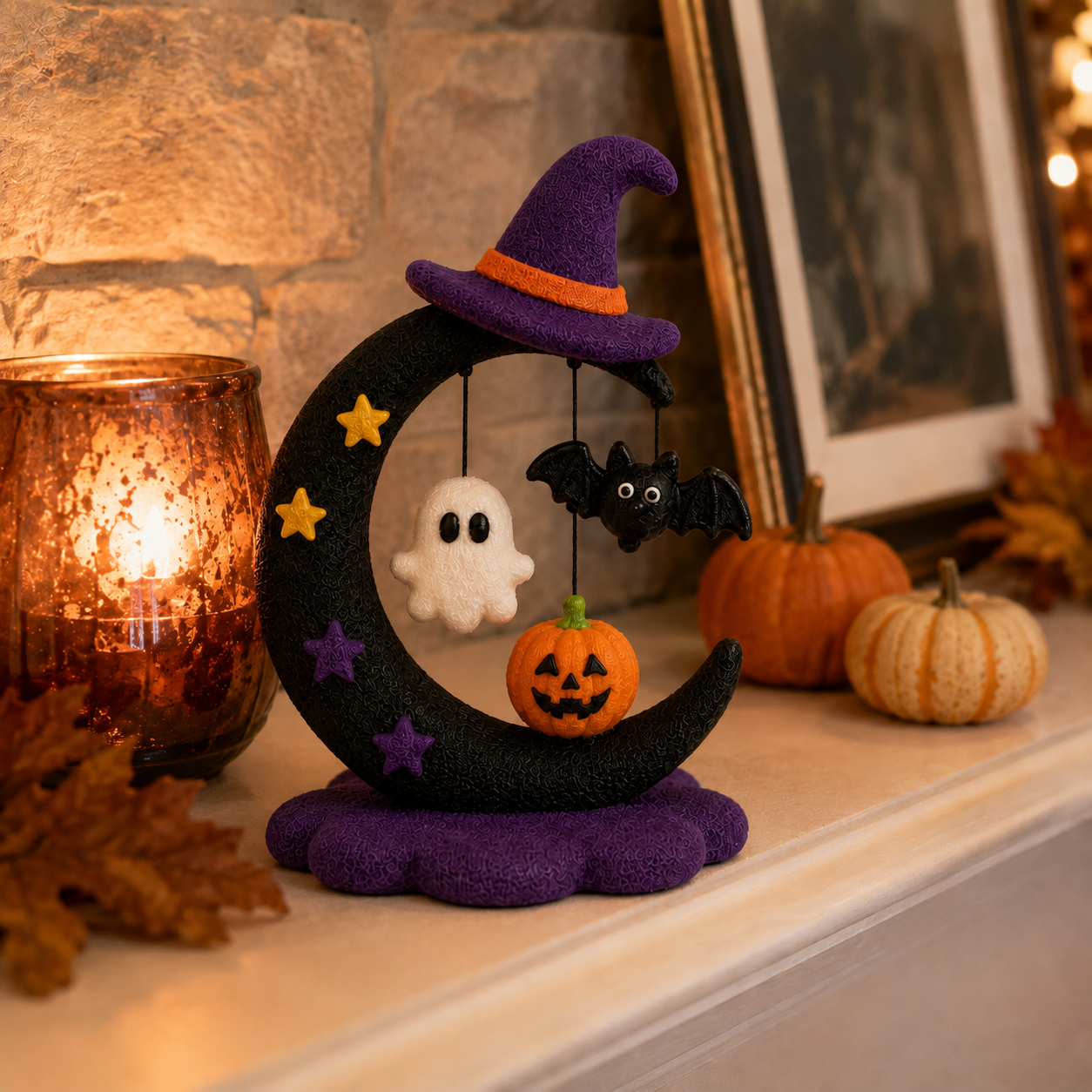 Halloween Crescent Moon Tabletop Figurine – Ghost, Bat & Pumpkin Hanging Decoration