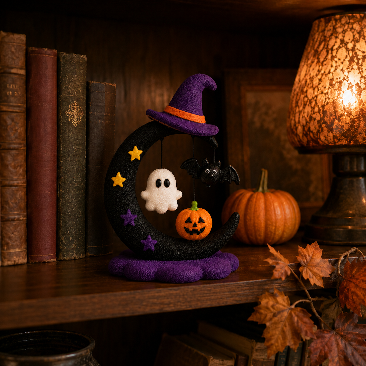 Halloween Crescent Moon Tabletop Figurine – Ghost, Bat & Pumpkin Hanging Decoration