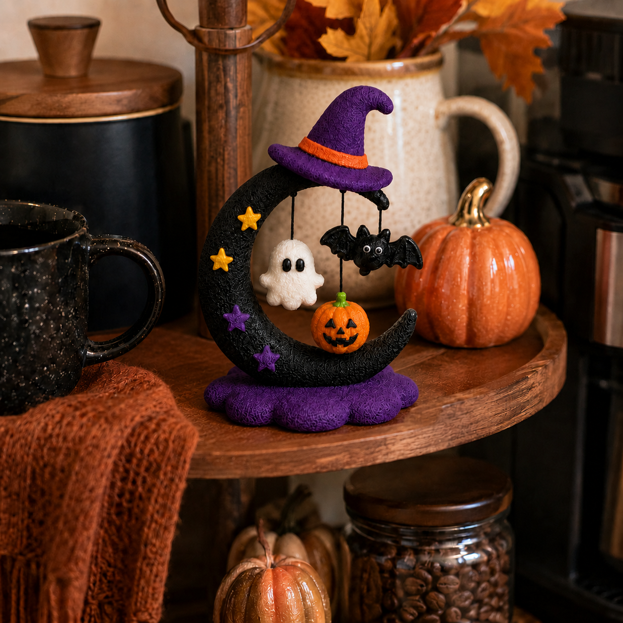 Halloween Crescent Moon Tabletop Figurine – Ghost, Bat & Pumpkin Hanging Decoration