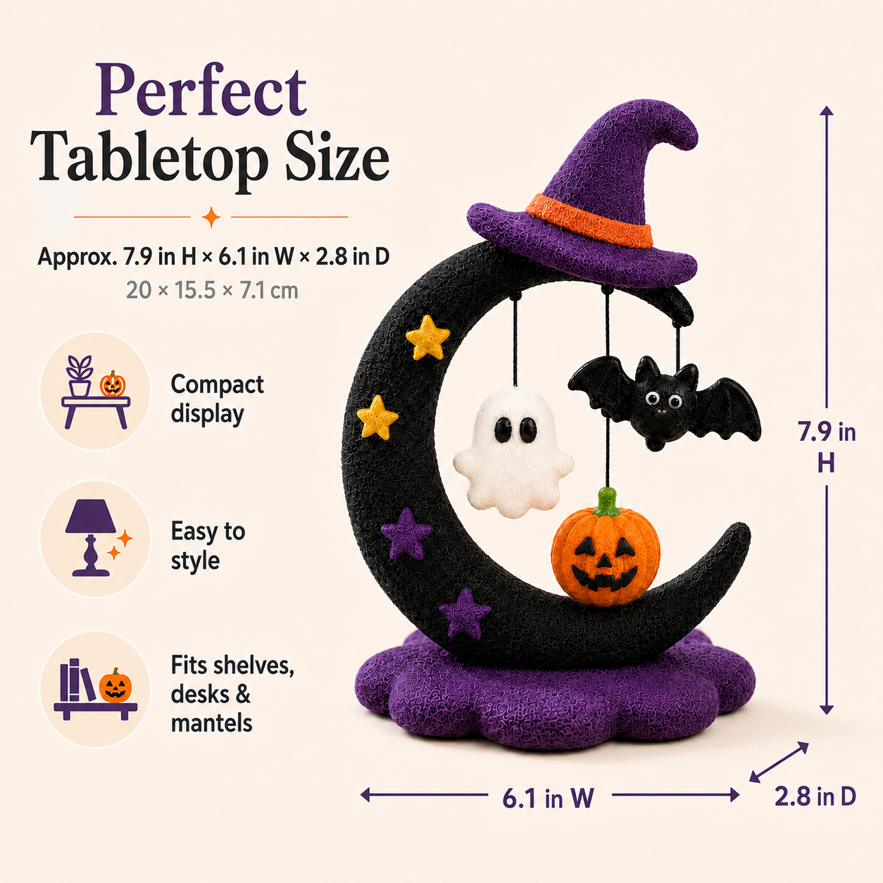 Halloween Crescent Moon Tabletop Figurine – Ghost, Bat & Pumpkin Hanging Decoration