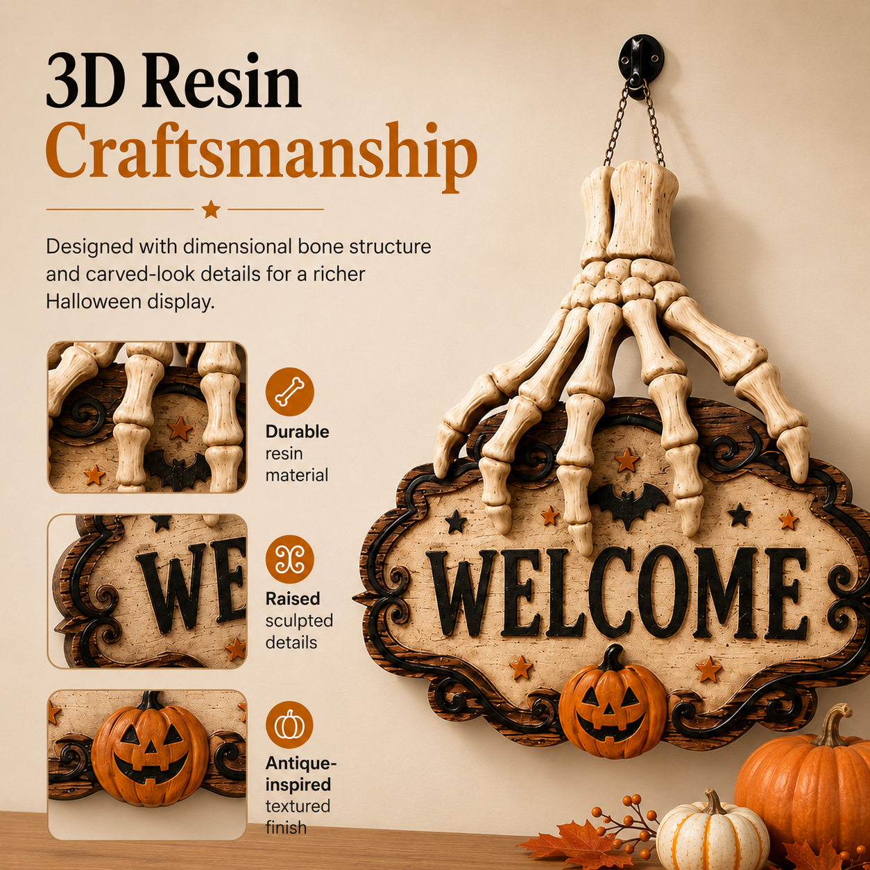 3D Skeleton Hand Halloween Welcome Sign – Resin Hanging Door & Wall Decor